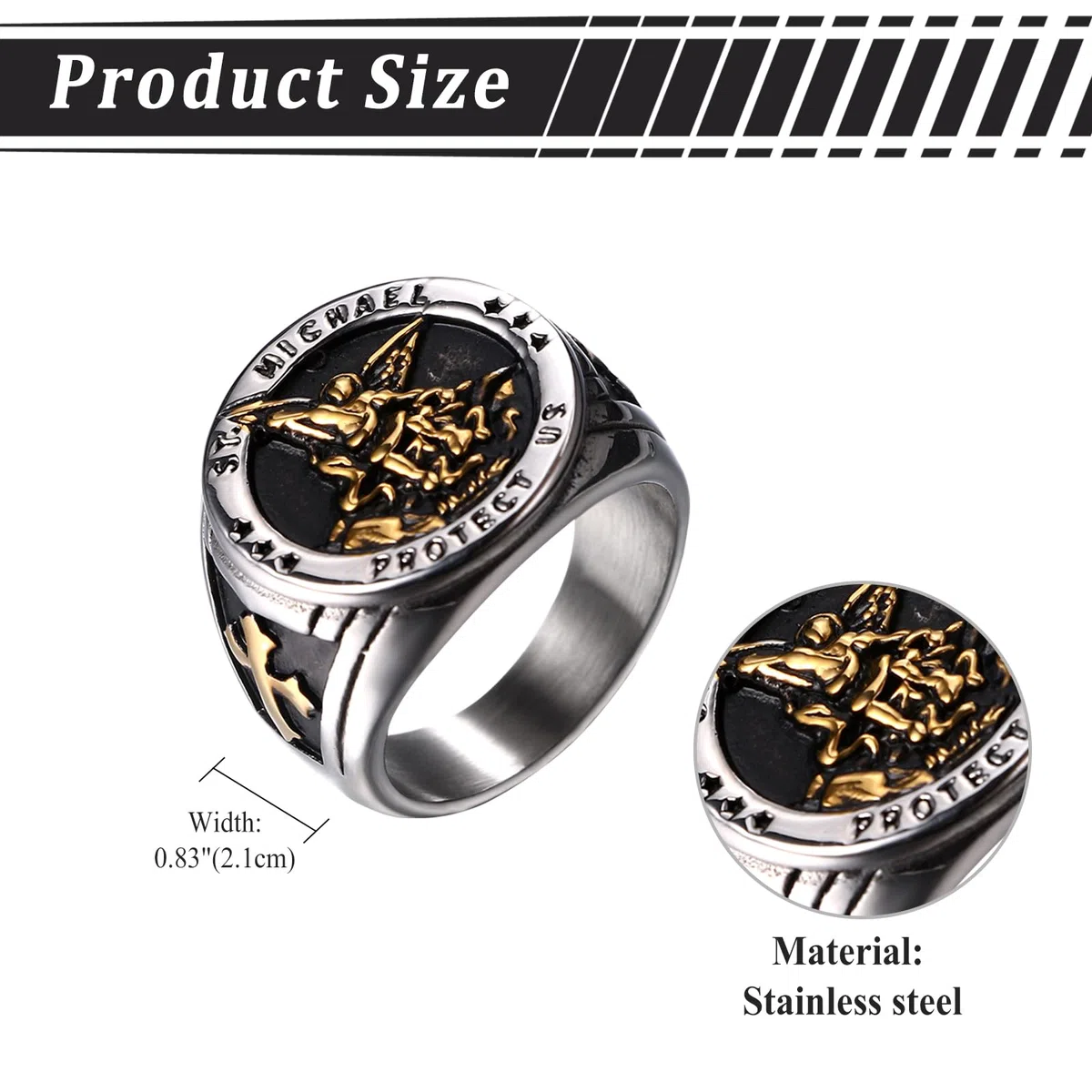 JewelryWe Bague Homme Chevalière Saint-Michel: Bague Chevalière Acier Inoxydable avec Insigne Religieux de Saint-Michel Style Biker Motard Amulette - Cadeau Anniveraire Fête des Pères