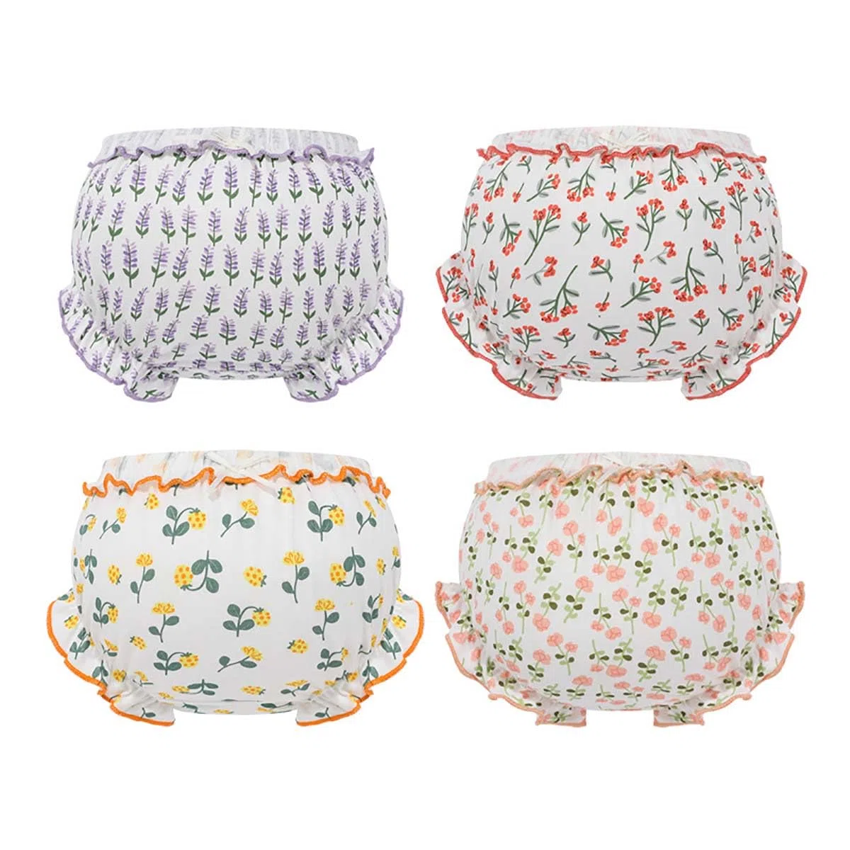 Lot de 4 Bloomer Bébé Fille Culotte en Coton avec Volants Princesse Short Couvre-Couche Mignon sous-Vêtements Souple Pantalon Respirant Volants Slips Elastique pour Tout-Petit Enfant 1-4 Ans