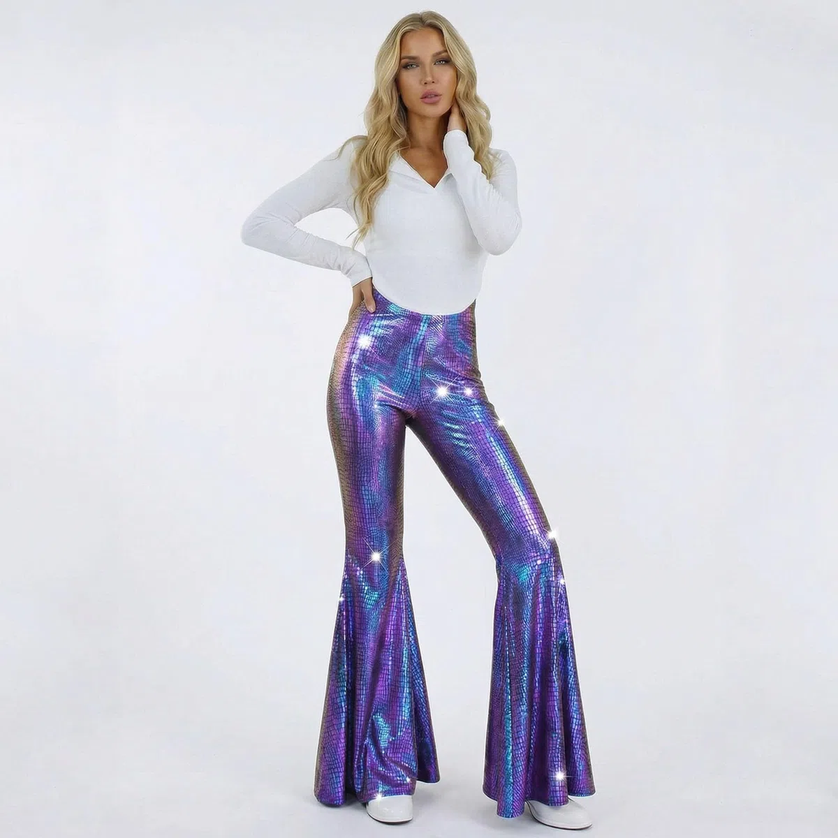 Pantalon à paillettes pour femme - Pantalon long métallique à paillettes - Tenue des années 70 - Taille haute - Élégant - Vintage - Hip Hop - Disco - Fête - Festival