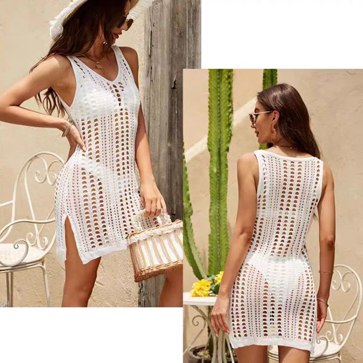 TYXHXTF Robe de Plage Femme Ete Crochet, Cache Maillot de Bain Femme Robe de Plage Crochet Sarongs Été Plage Couvrir Sexy, Bikini Cover Up Robe Évider Couvrir Beach Bohême Beachwear