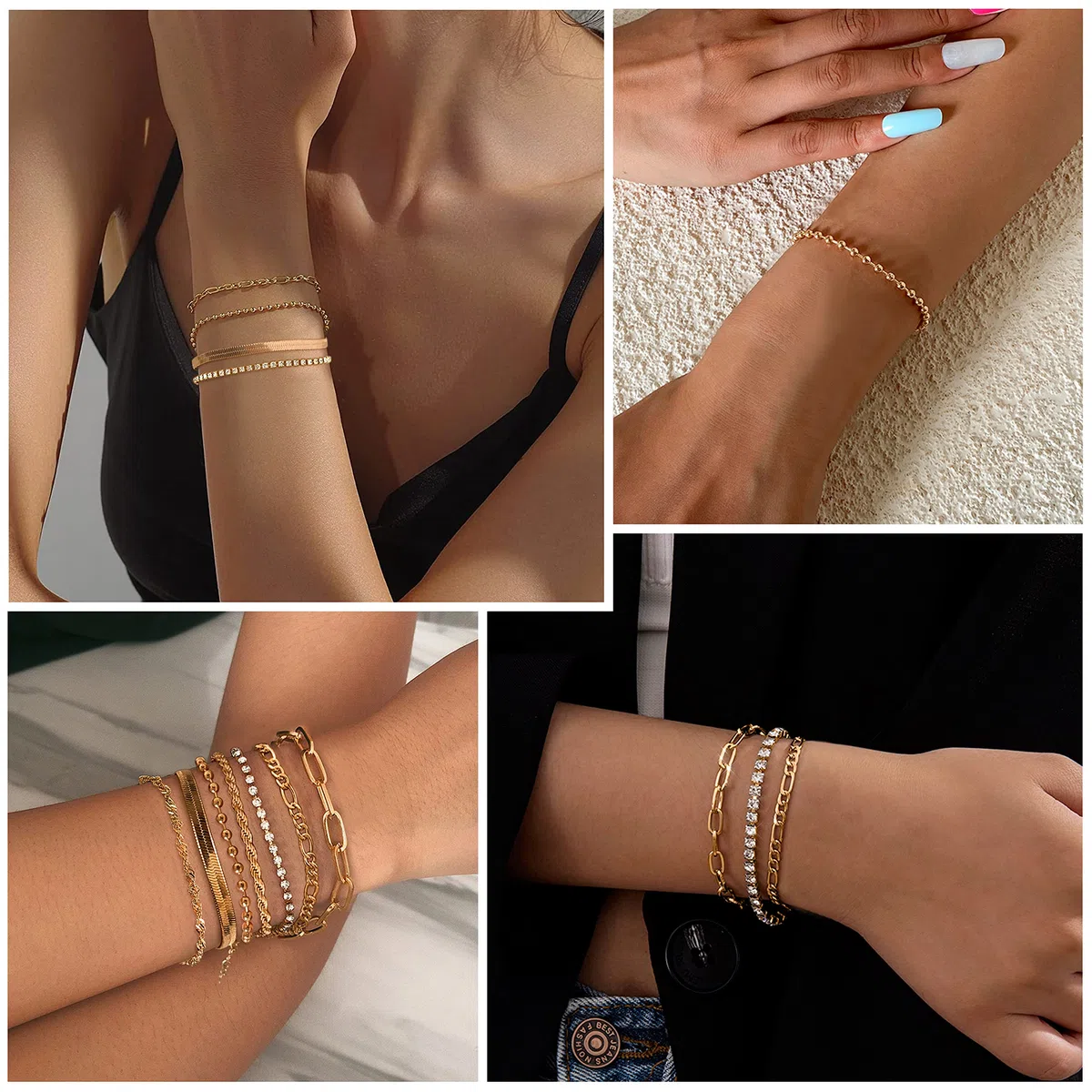 Adramata 7 Pcs Chaîne Bracelets pour Femme Bracelet Acier Inoxydable Femme Twist Figaro Zag Chaîne Bracelets Réglable CZ Fantaisie Bracelets Ensemble Argent Or Bracelets pour Femmes Filles