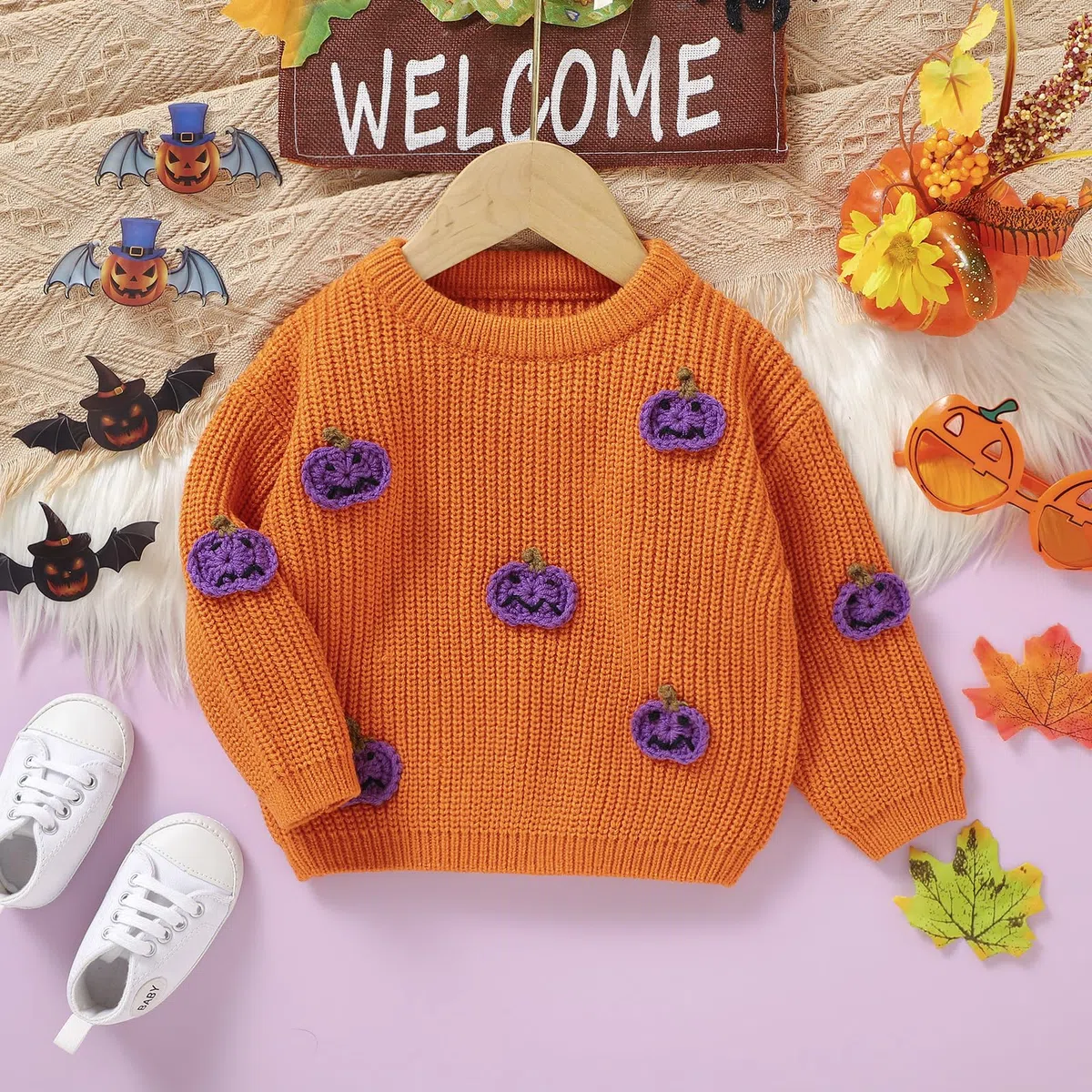 Pull unisexe pour bébé - À manches longues - Col rond - Citrouille - Lettre brodée - Pull en tricot - Pour bébé - Halloween - Fantôme citrouille
