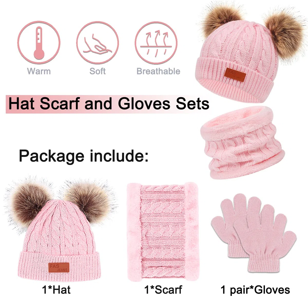 Enwokran Enfant Hiver Bonnet Echarpe Gants Ensemble, 3PCS Polaire Snood Bonnet Chapeau avec Pom Détachable Tricoté Tour de Cou Chaud avec Doublure Gants pour Fille Garçon 2-6 ans