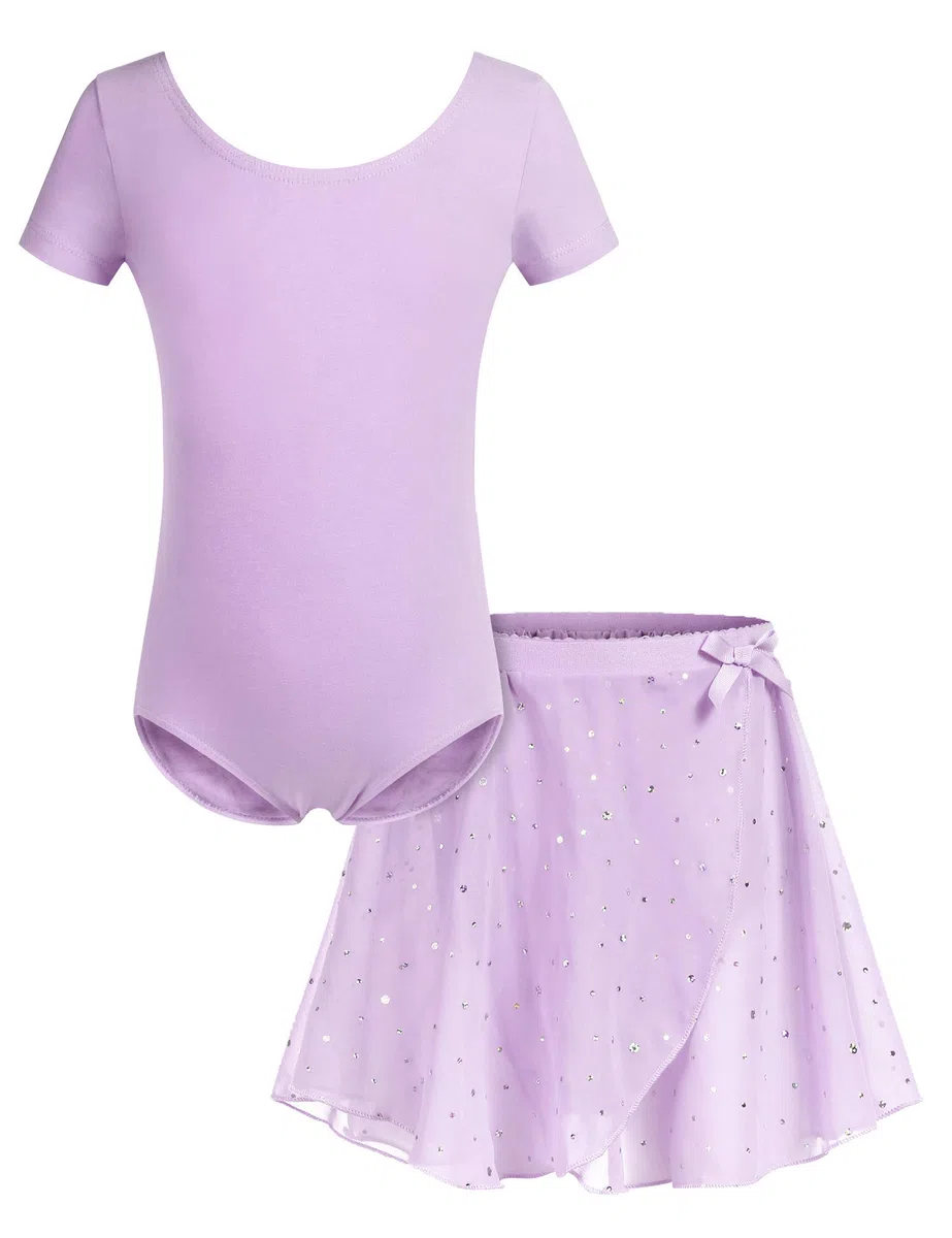 Bricnat Robe de Ballet pour Filles Justaucorps de Ballet pour Enfants Manches Courtes/Longues Robe de Danse Corporelle en Coton avec Jupe Tutu en Mousseline De Soie 2-10 Ans