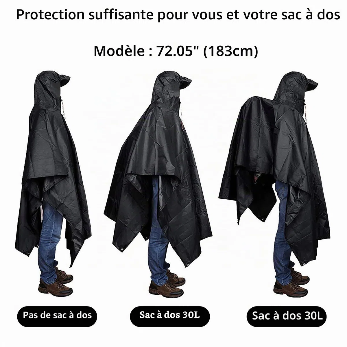 DAWRIS Poncho de Pluie Imperméable 3 en 1 en Oxford 210T - Veste Pour Homme Avec Capuche - Pour Festival, Vélo, Randonnée, Camping, Pêche