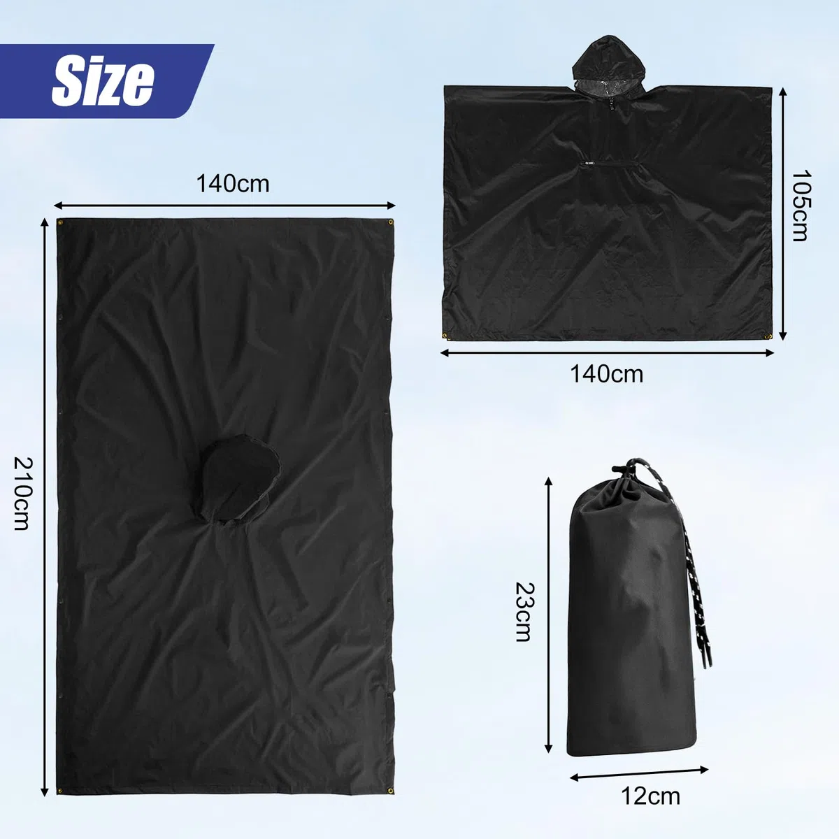 Cape de Pluie Femme, Poncho léger, réutilisable et Respirant avec Capuche, Cape de Pluie Multifonctionnelle 3 en 1 pour le Camping, la randonnée, le cyclisme et la pêche, unisexe （Noir）