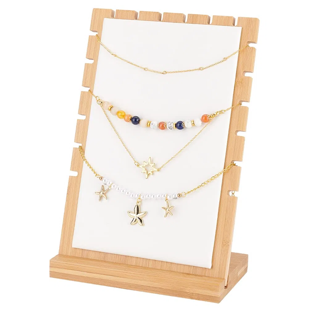 PandaHall Présentoirs de Collier en Bois 9 fentes Présentoir à Bijoux Organisateur de Collier Porte-colliers avec Cuir Souple pour L'été la Vente au Détail de Bijoux Neckalce Vente Maison, 9.5x17x25cm