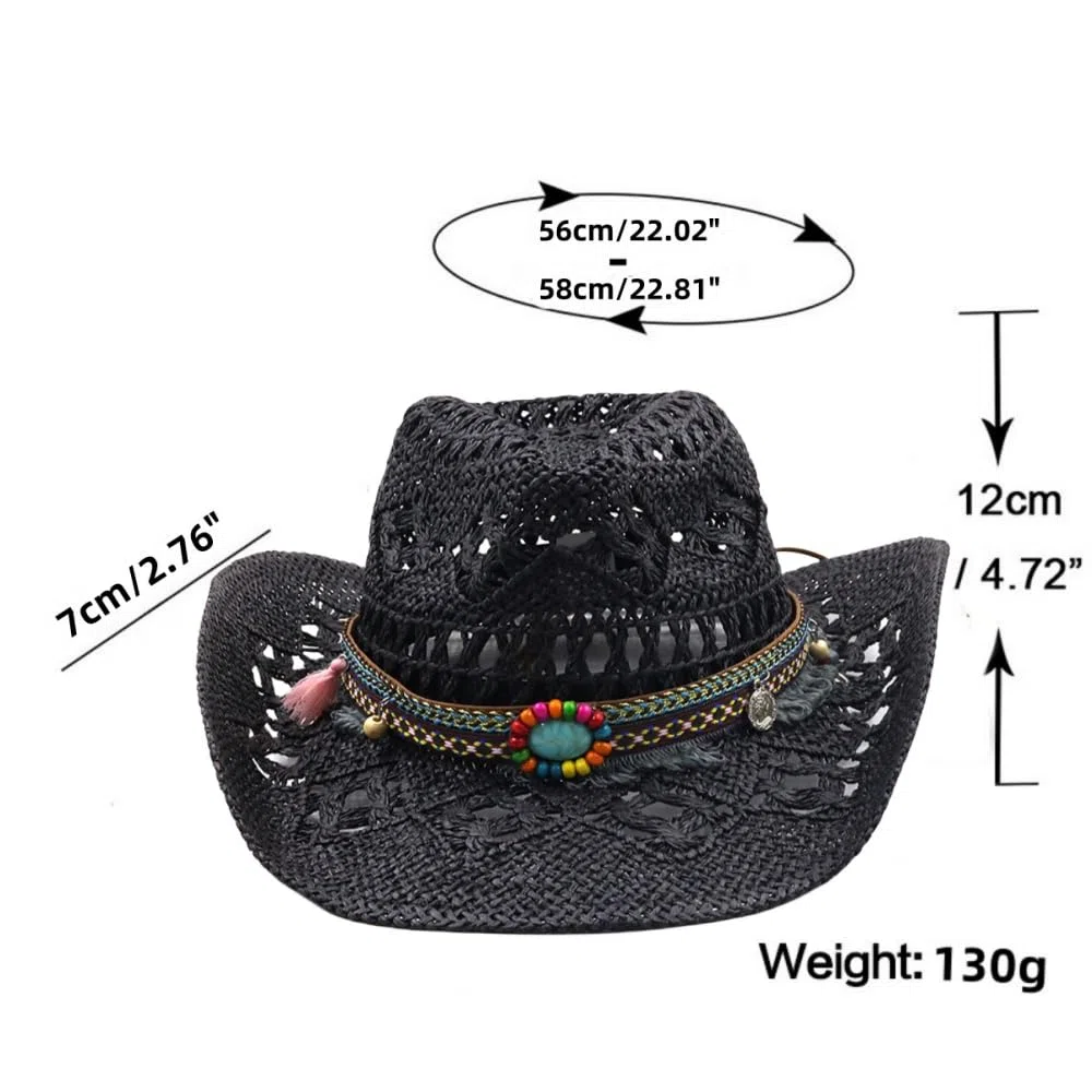 Chapeau de Cowboy Homme Femme Western Cowgirl Hat Brésilien Bohême Paille Panama avec Bande Chapeau de Soleil d'été Chapeau de Plage Cowboy Hat