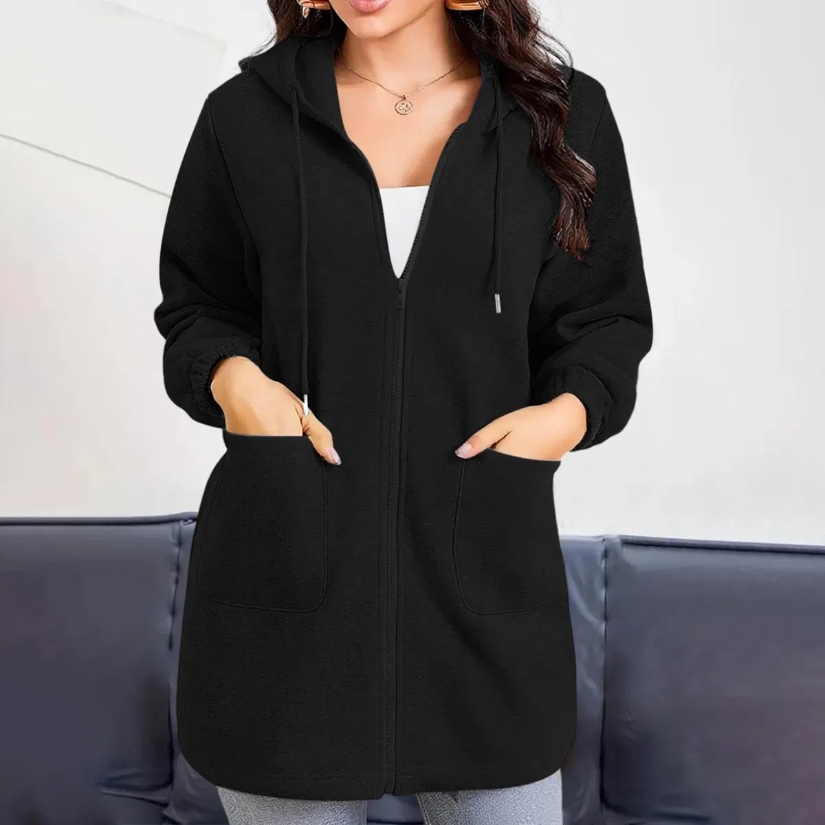 RLEHJN Sweat Long Femme Avec Capuche Sweat À Capuche Basique Zippé Pour Femmes Veste Manches Longues Femme Avec Poches Sweatshirt Manteau Long Avec Cordon De Serrage Outwear Loisirs