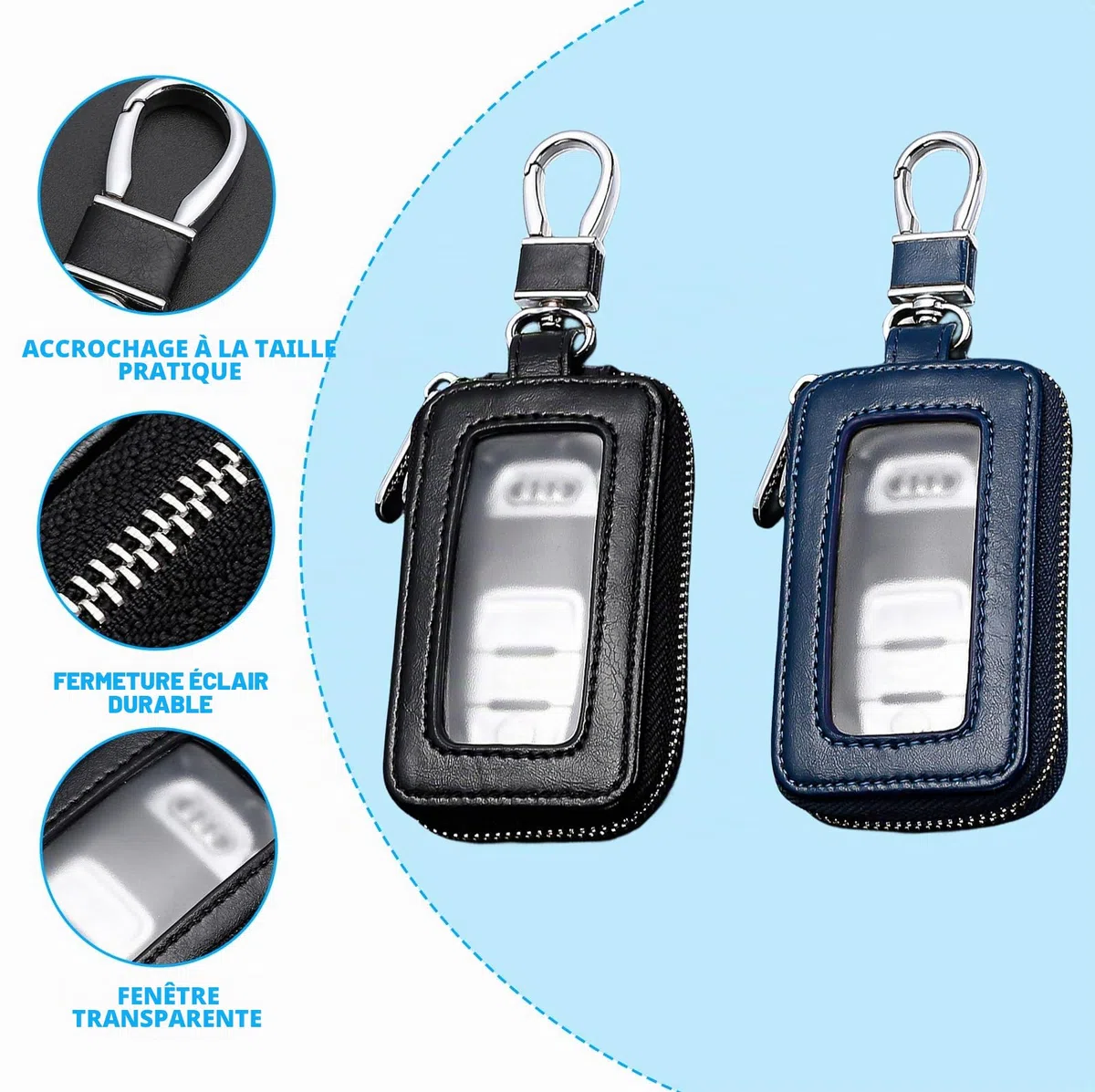 HOMURY Lot de 2 étuis à clés de voiture : étui à clés vintage avec fermeture éclair et mousqueton, housse de protection pour porte-clés, étui universel portable (noir, bleu roi), noir, bleu
