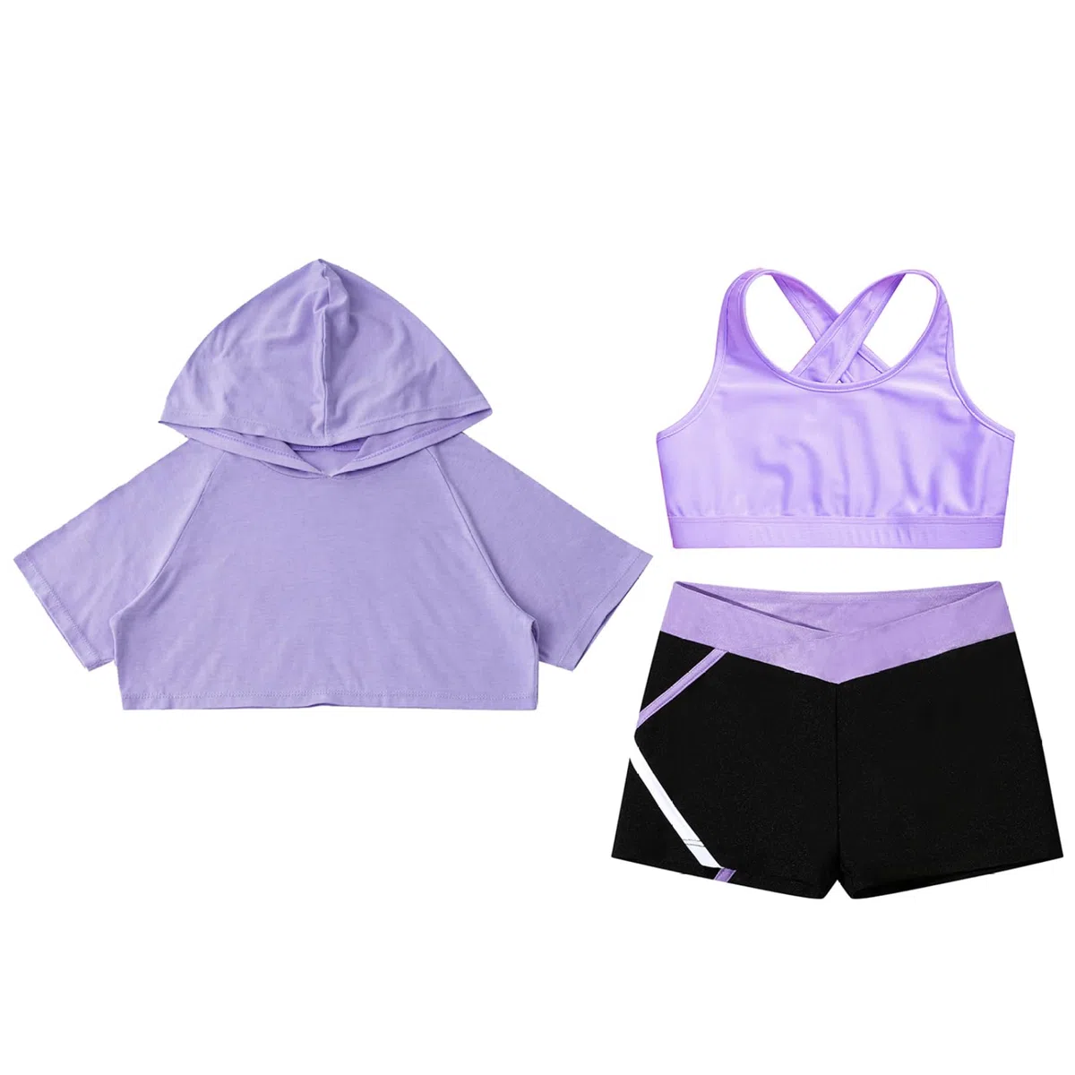 Ensemble Sport Fille Survêtement 3Pcs Fitness Yoga Crop Top Court à Capuche avec Débardeur Short de Sport Gym