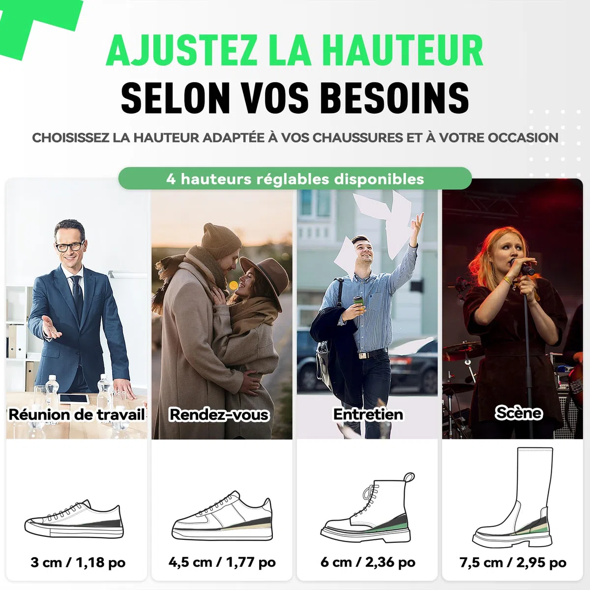DynWalker Semelles Chaussures Augmenter Talon, Ascenseur la Semelle Intérieure, Confort Élastique Invisibles, Homme Femme, Amortissante, 3 Couches, 3-7,5 cm, L