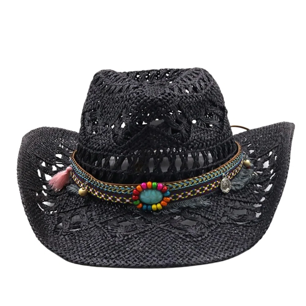 Chapeau de Cowboy Homme Femme Western Cowgirl Hat Brésilien Bohême Paille Panama avec Bande Chapeau de Soleil d'été Chapeau de Plage Cowboy Hat