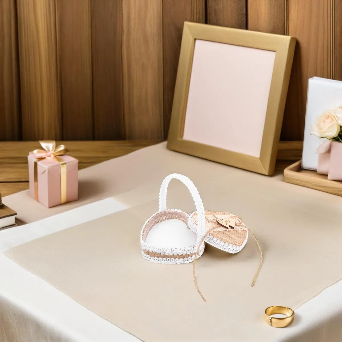 Toyvian Panier à Bagues avec Anse Portable en Toile de Jute Rustique Fait Main et Compact pour Jour de Mariage et Demoiselles D'honneur