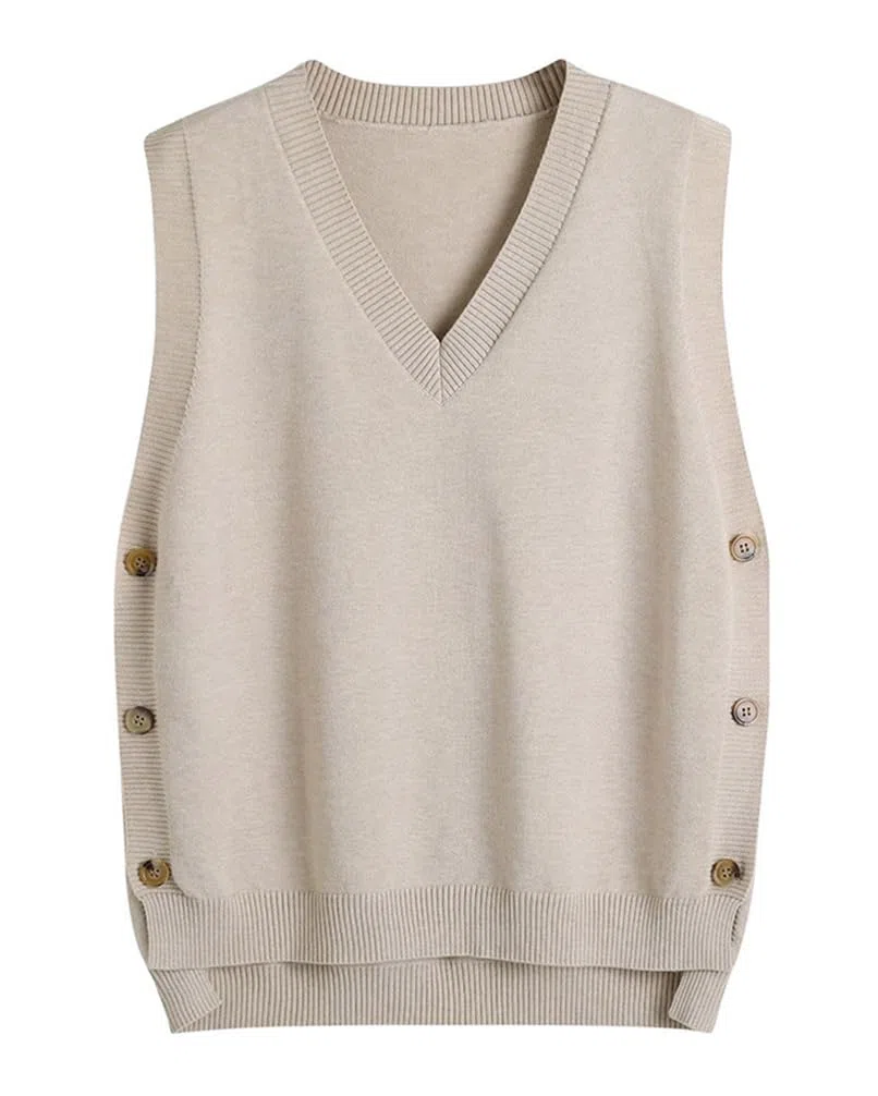 Minetom Pull sans Manche Femme Gilet en Tricot Automne Hiver Débardeurs Chandail Bureau Pullover Couleur Unie Boutons Tops Hauts