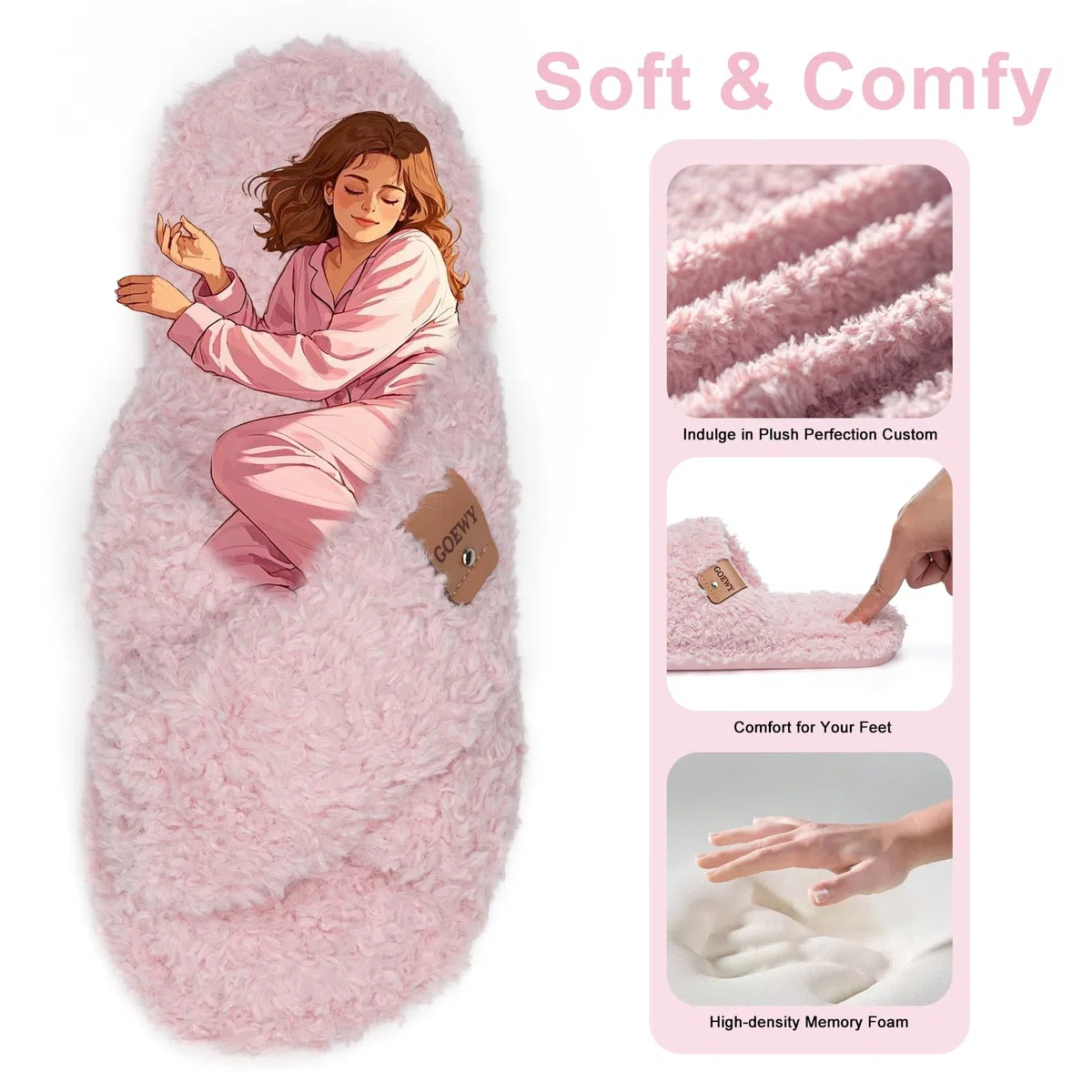 GOEWY Chaussons Femme en Peluche - Mousse à Mémoire de Forme, Pantoufles à Bride Croisée Bout Ouvert, Semelle Antidérapante - Confort & Tendance, Idée Cadeau