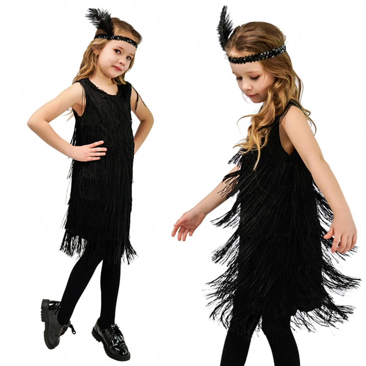 Générique 2025 Robe à paillettes pour fille avec franges, robe de danse latine, pompons, robes tango, costume de salle de bal avec bandeau à plumes, turquoise