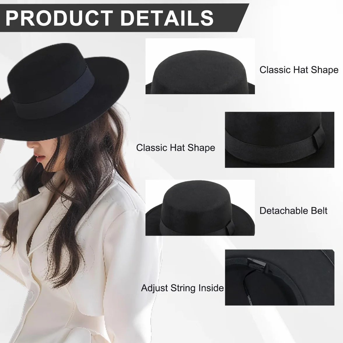 Chapeau Classique Noir Plat Bord Fedora Panama en Feutre - Église Derby à Tarte de Porc Jazz avec Ceinture pour Femmes Hommes