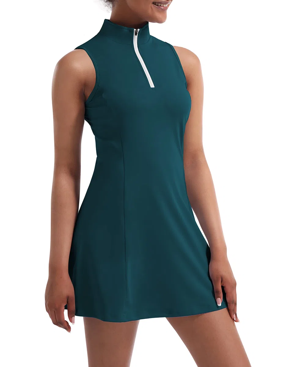 Robe de tennis pour femme, robe de tennis de golf avec short intégré et poches pour entraînement sans manches