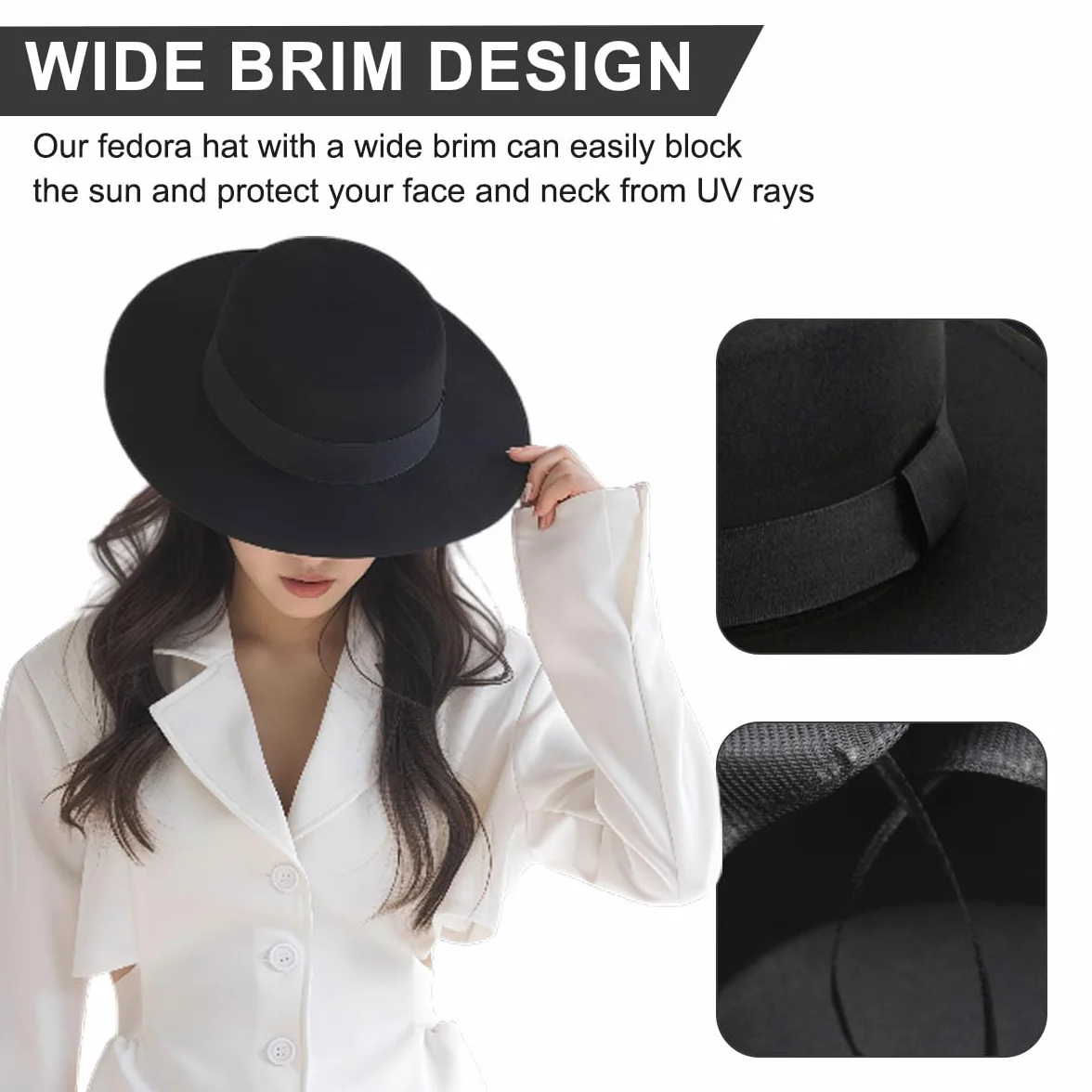 Chapeau Classique Noir Plat Bord Fedora Panama en Feutre - Église Derby à Tarte de Porc Jazz avec Ceinture pour Femmes Hommes