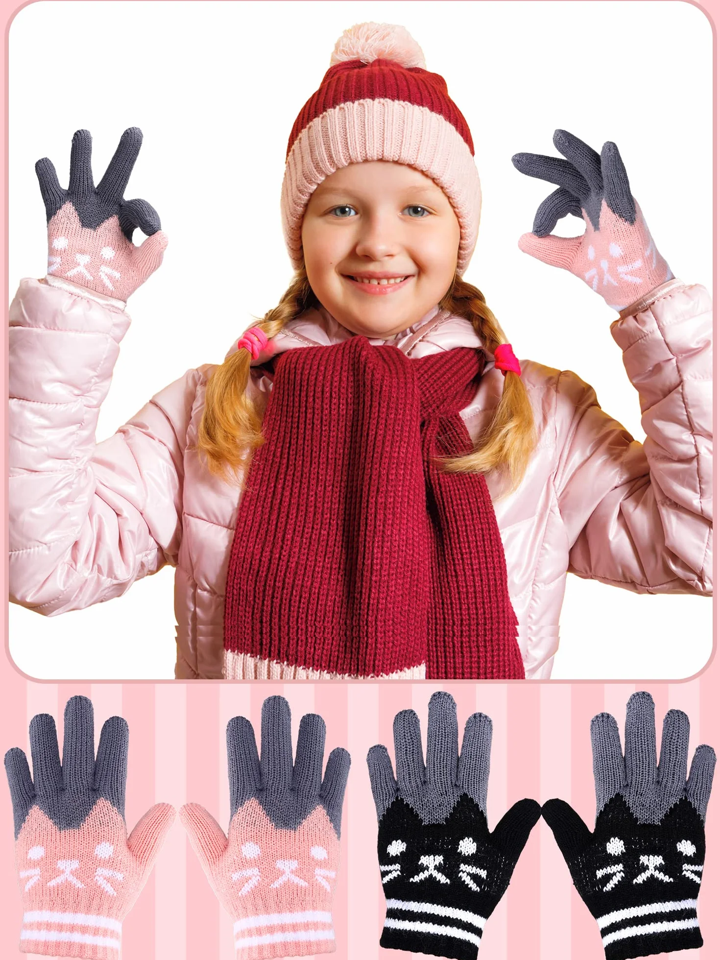 SATINIOR 2 Paires Gants d‘Hiver en Tricot Mitaines de Chat Mignonnes en Pleins Doigts pour Enfants 6-12 Ans, Noir et Rose