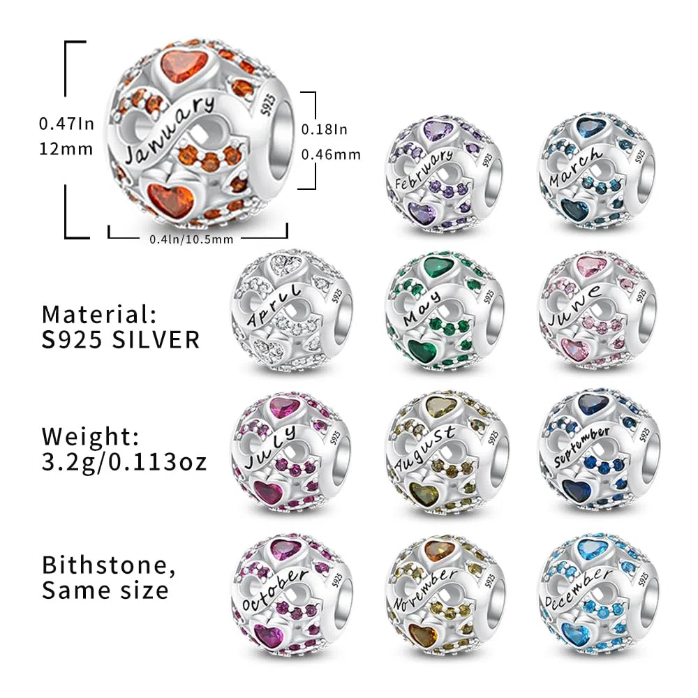 Pendentif pierre de Naissance 925 Sterling Silver Janvier-Décembre de Naissance de Zirconium Compatible pour Pandora les Bracelets et les Colliers Charms