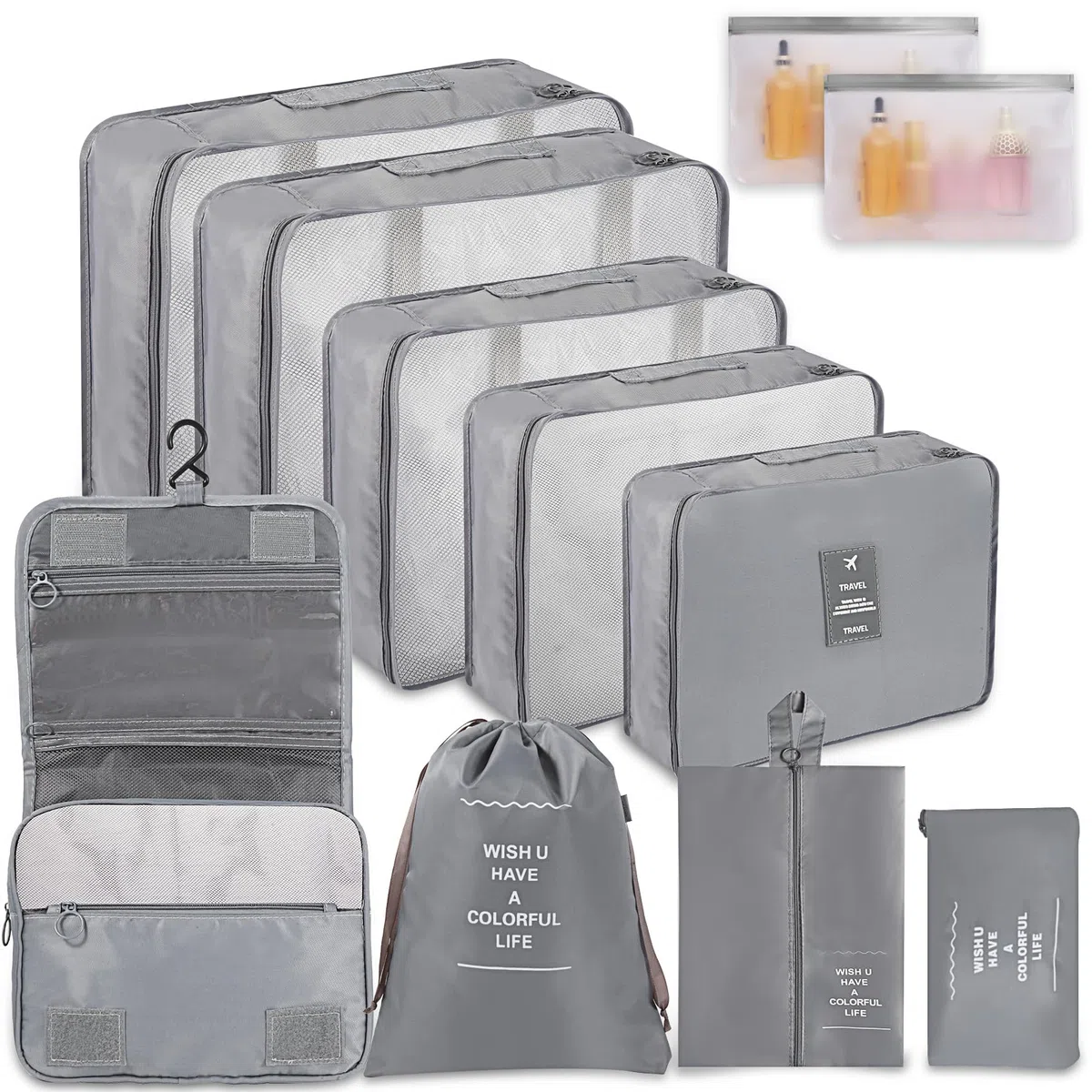 WECUTE Organisateur Valise,11 Pièces Organisateur de Valise, Packing Cubes pour Les Vêtements, Organisateur Voyage pour Les Vêtements, Chaussures et Cosmétiques (Gris)