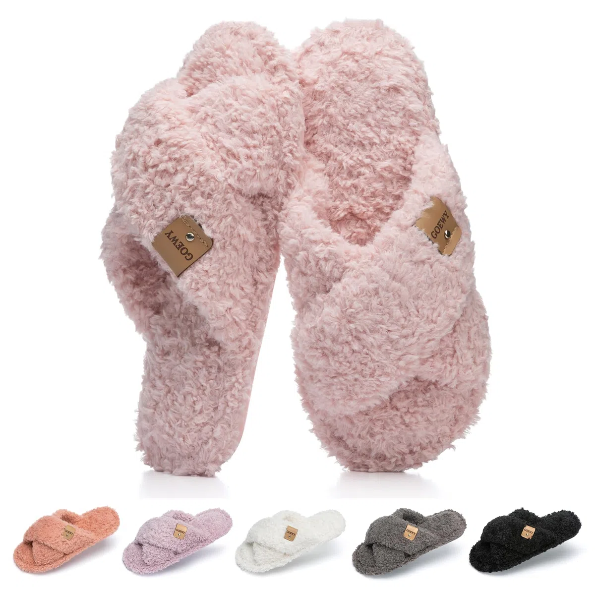 GOEWY Chaussons Femme en Peluche - Mousse à Mémoire de Forme, Pantoufles à Bride Croisée Bout Ouvert, Semelle Antidérapante - Confort & Tendance, Idée Cadeau