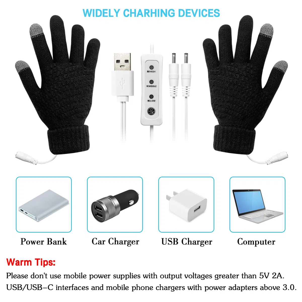 Gants chauffants USB pour Femmes Hommes Écran Tactile Plein Mains Gants Chauffants Hiver Chauffe-mains PC Chauffables Gants 3 Niveaux Contrôle De La Température Dames