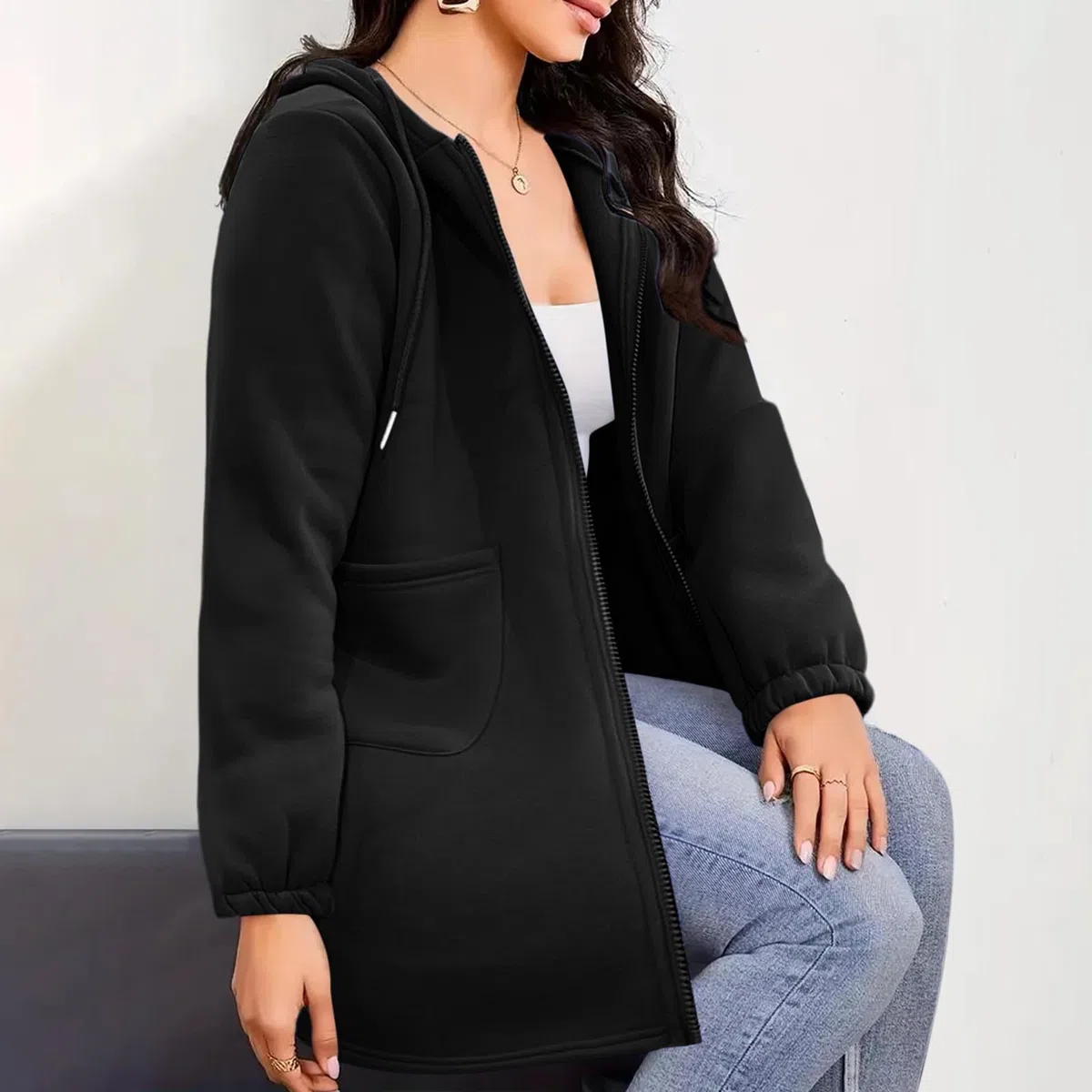 RLEHJN Sweat Long Femme Avec Capuche Sweat À Capuche Basique Zippé Pour Femmes Veste Manches Longues Femme Avec Poches Sweatshirt Manteau Long Avec Cordon De Serrage Outwear Loisirs