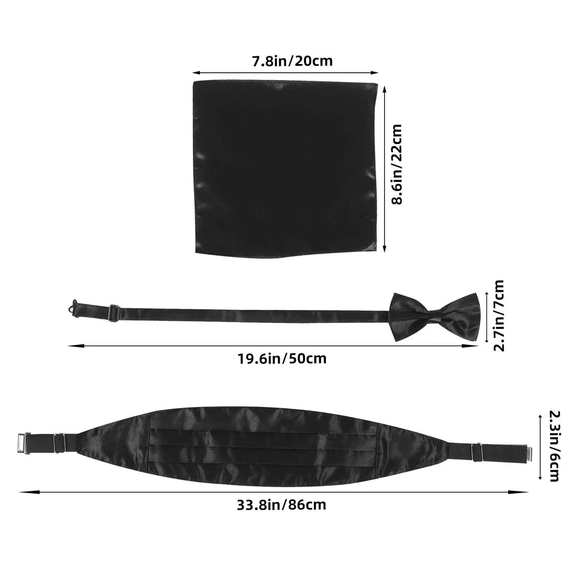 Rosenice Ensemble de 3 pièces en satin noir pour homme avec nœud papillon, ceinture de smoking et mouchoir de poche