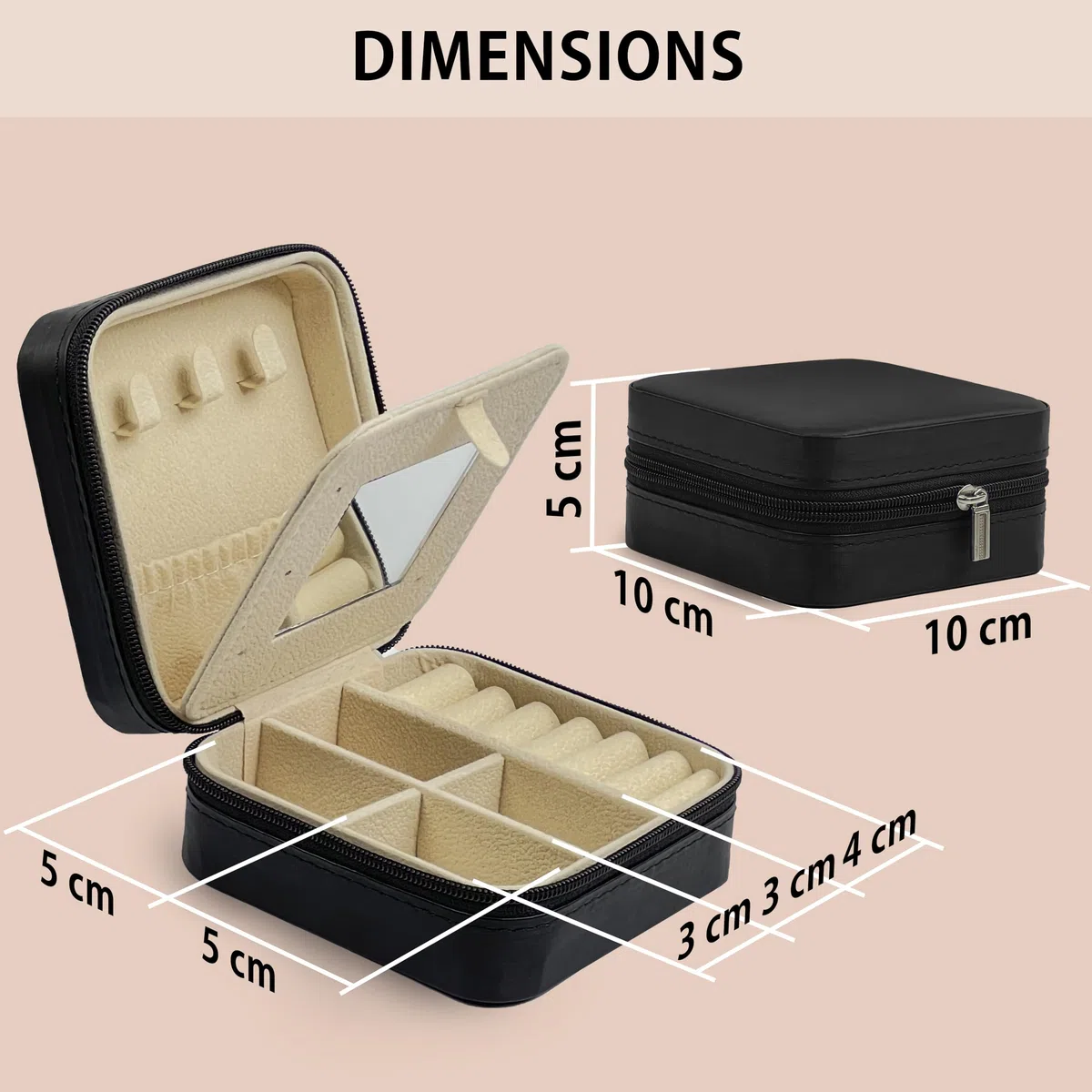 Coffret à Bijoux de Voyage avec Miroir - [ Idéal pour les Femmes ] - Boîte à Bijoux en Similicuir avec Fermeture Éclair - Organiseur de Bijoux - Noir
