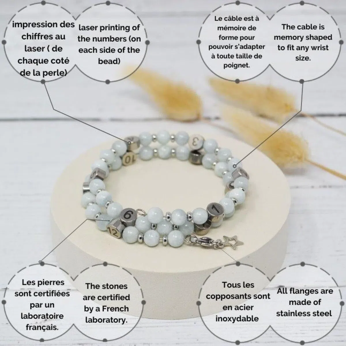IRREVERSIBLE BIJOUX - Bracelet d'Allaitement & Biberonnage Pierres Aigue Marine Béryl - Suivi Précis Heures Tétées/Biberons - Pierre Apaisante Certifiée - Ajustable - Cadeau Baby Shower maman Unique