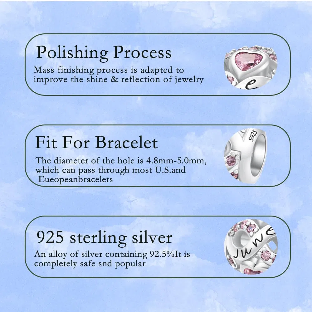 Pendentif pierre de Naissance 925 Sterling Silver Janvier-Décembre de Naissance de Zirconium Compatible pour Pandora les Bracelets et les Colliers Charms