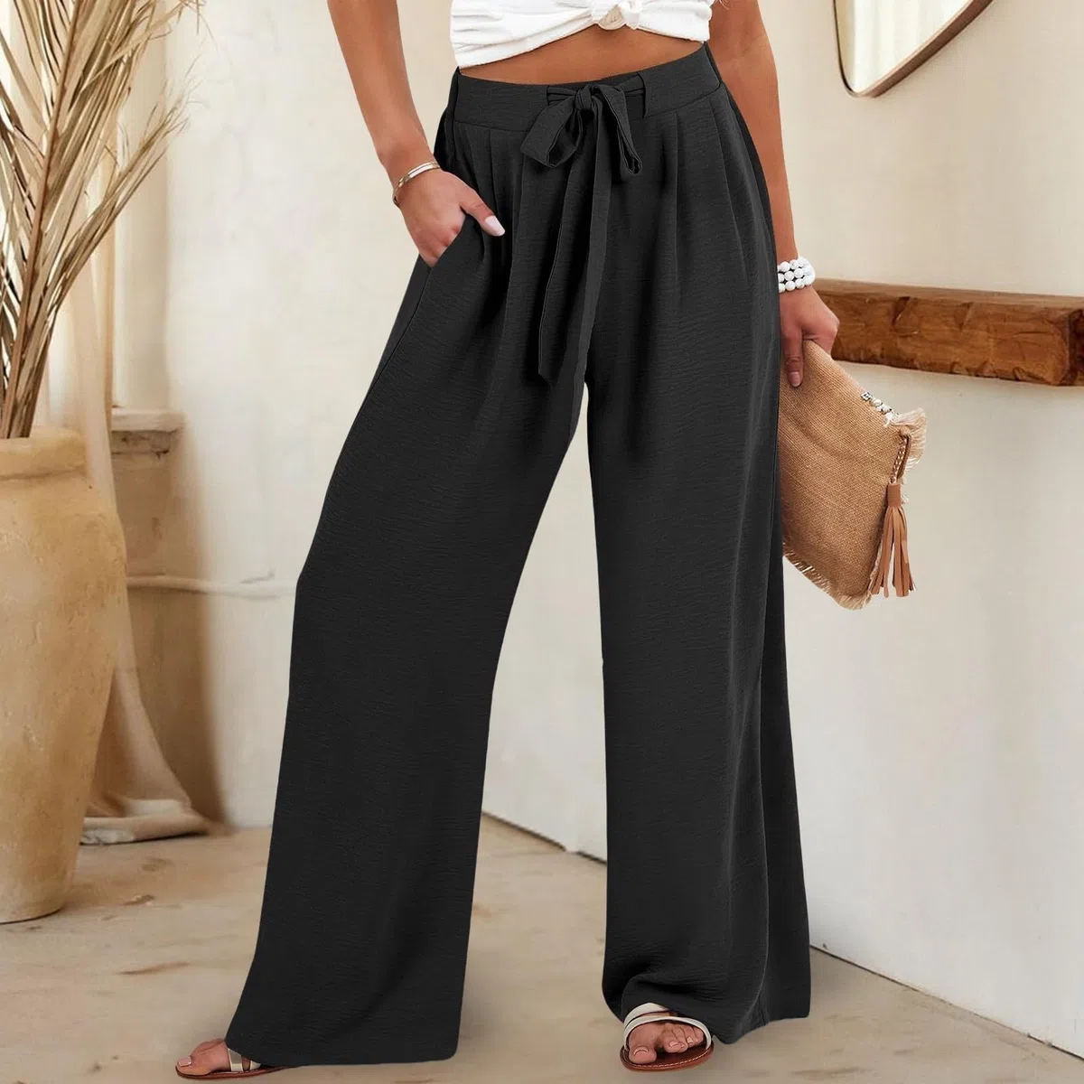 Pantalon Coton Et Lin Femme Été Décontractés Pantalons Taille Haute Elastique Cordon De Serrage Confortable Léger Elegant Couleur Unie Respirant Ample Jogging Plage Pants avec Poches