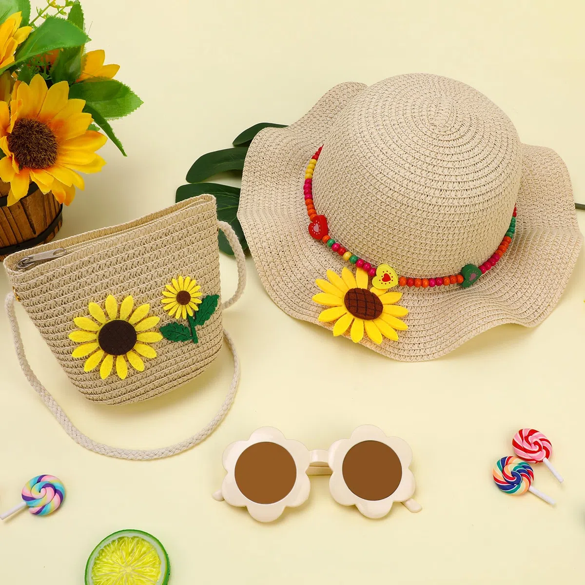 Chapeau de Paille et Petit Sac pour Filles, Ensemble de Chapeau de Soleil Décoré de Fleurs avec Lunette de Soleil Bijoux pour Enfants, Chapeau d'été à Larges Bords pour Les Voyages à la Plage