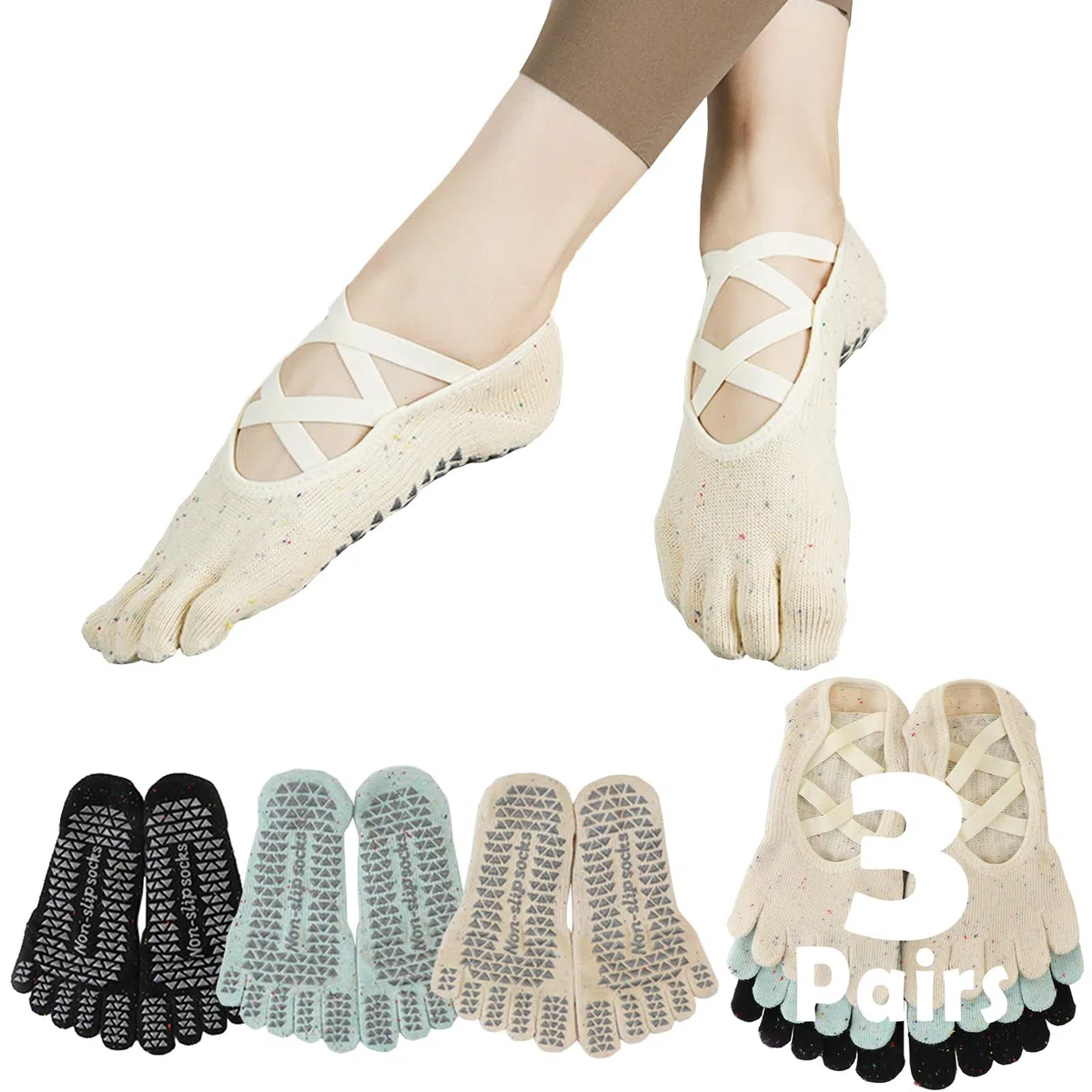 Lot de 3 paires de chaussettes de yoga antidérapantes pour femme avec poignées et sangles antidérapantes