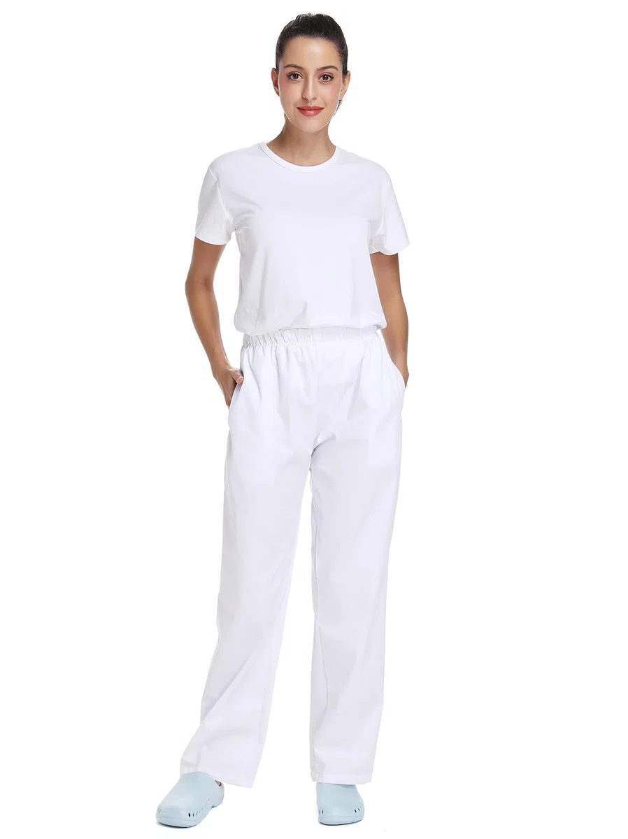 Femme Pantalon de Travail Blanc Pur Pantalons Taille Elastique pour Coton Opaque