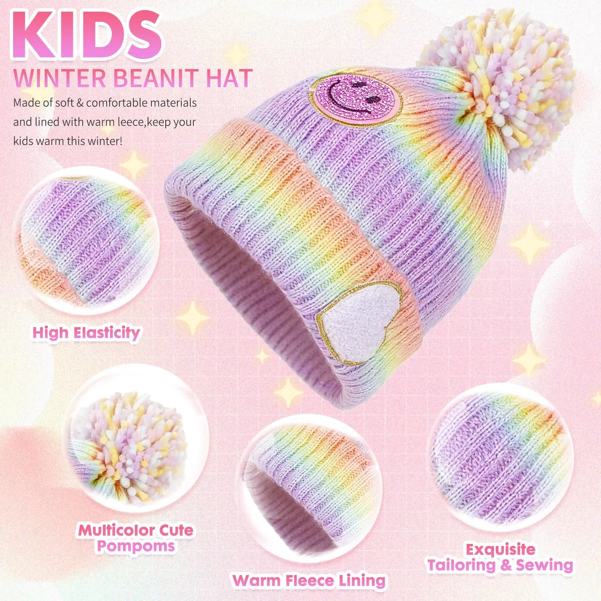 PinkSheep Bonnet d'hiver chaud pour filles avec accessoires décoratifs, bonnet tricoté doux au toucher pour enfants de 4 à 14 ans, accessoires tendance pour filles