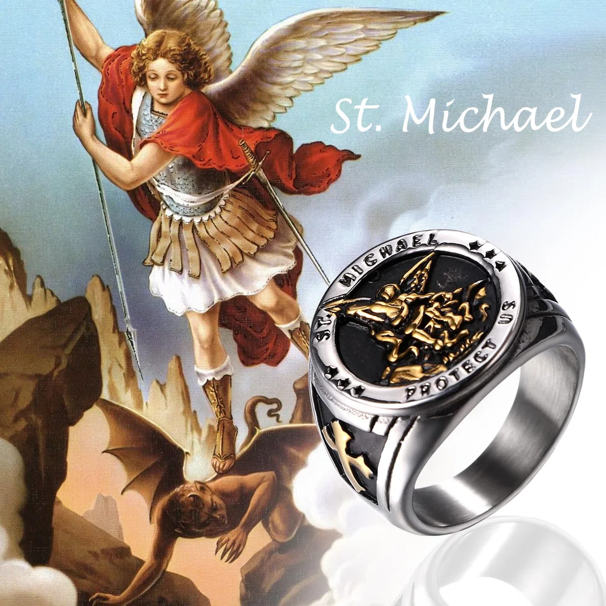 JewelryWe Bague Homme Chevalière Saint-Michel: Bague Chevalière Acier Inoxydable avec Insigne Religieux de Saint-Michel Style Biker Motard Amulette - Cadeau Anniveraire Fête des Pères