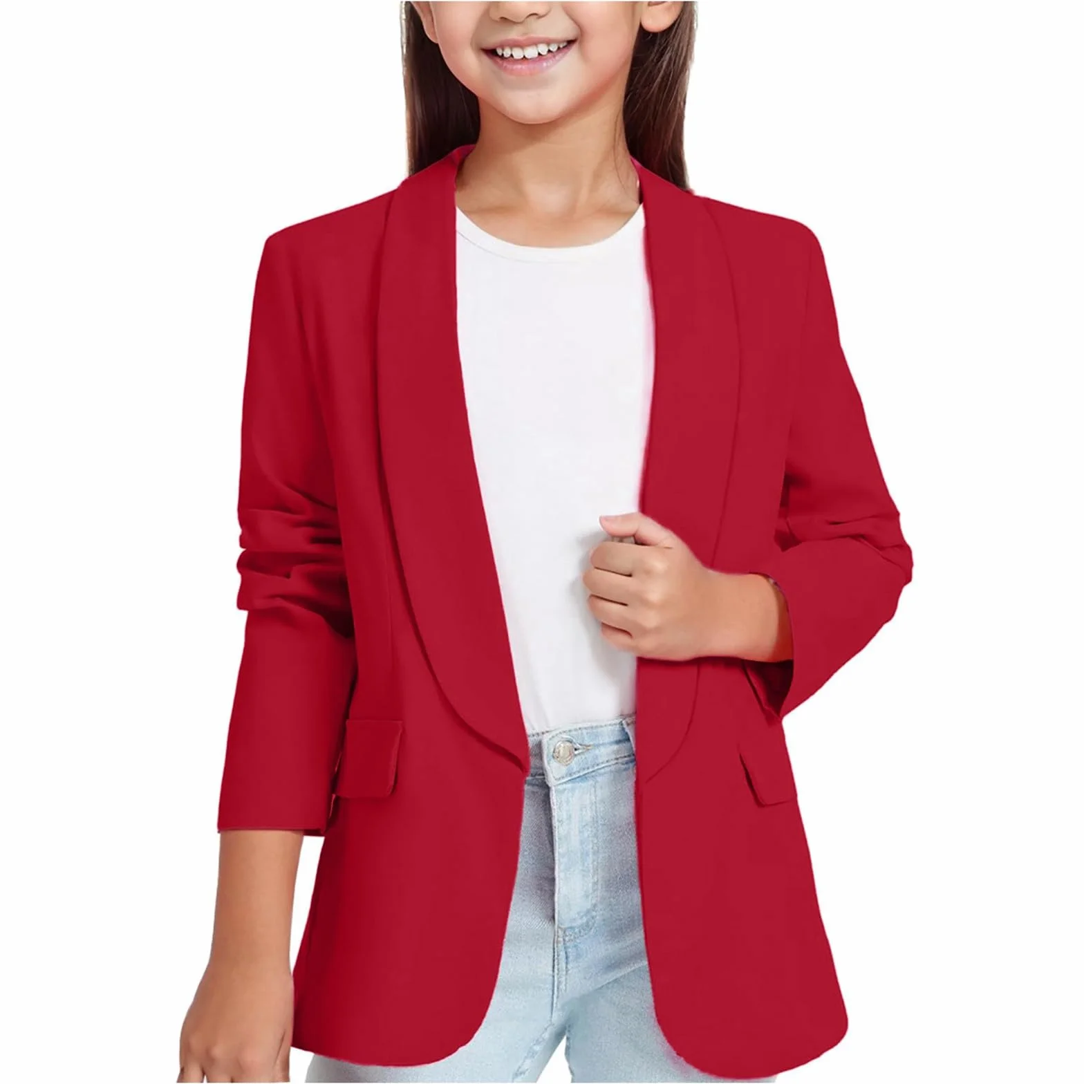 Blazer Fille Élégant à Manches Longues Blazer Veste de Costume Formelle Ouverte sur Le Devant pour Enfants Couleur Unie Veste de Costume Formelle avec Poche pour Cérémonie Quotidien Col Châle