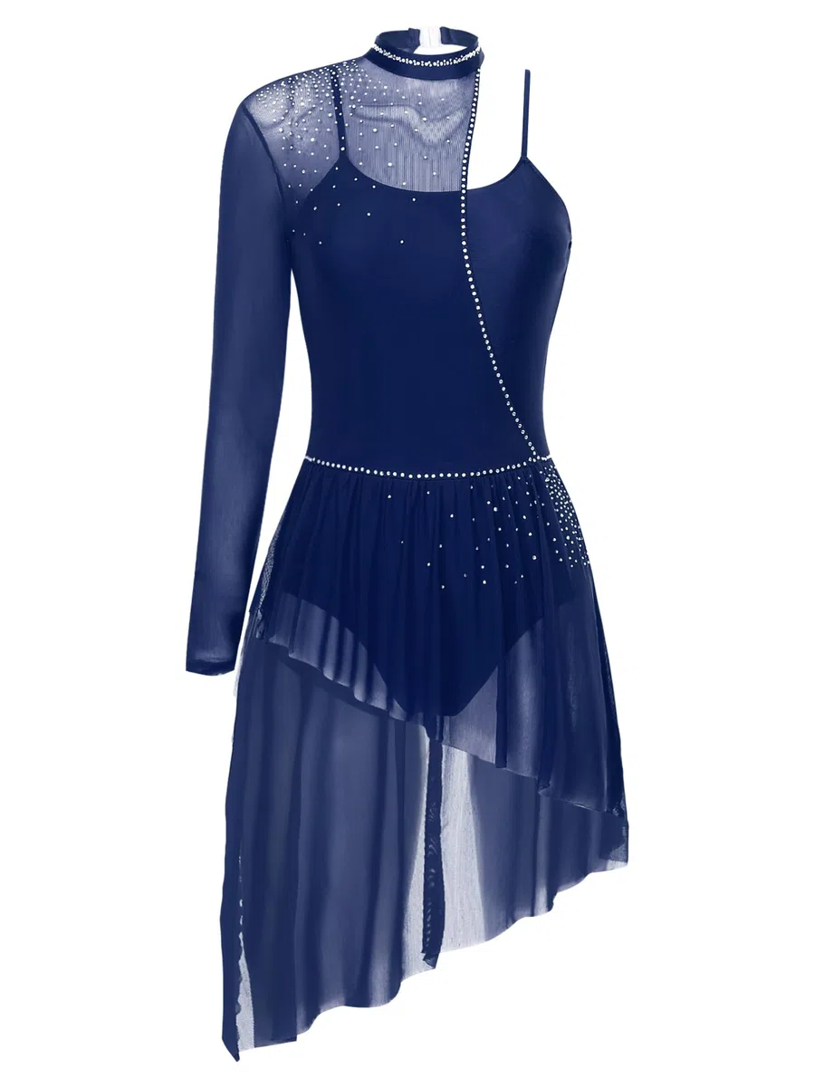 ranrann Robe Danse Contemporaine Femme Robe Patinage Artistique Justaucorps Gymnastique Asymétrique Strass Robe Danse Latine Moderne Jazz