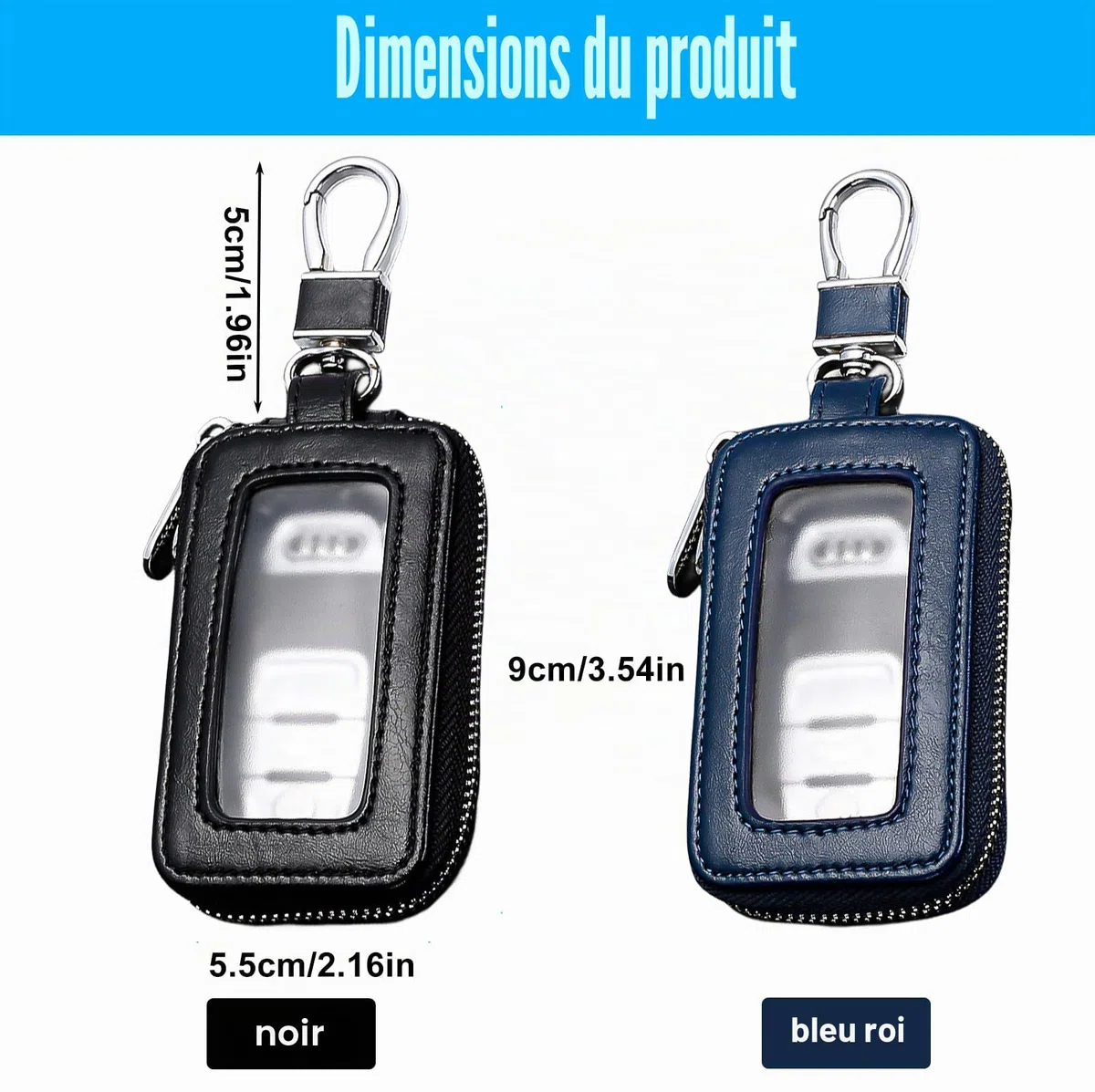 HOMURY Lot de 2 étuis à clés de voiture : étui à clés vintage avec fermeture éclair et mousqueton, housse de protection pour porte-clés, étui universel portable (noir, bleu roi), noir, bleu