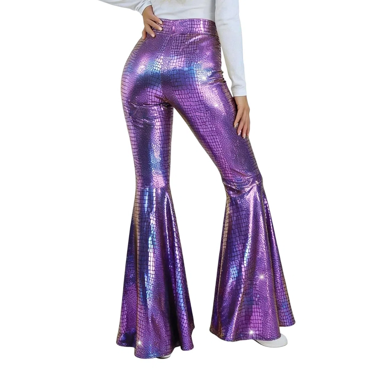 Pantalon à paillettes pour femme - Pantalon long métallique à paillettes - Tenue des années 70 - Taille haute - Élégant - Vintage - Hip Hop - Disco - Fête - Festival