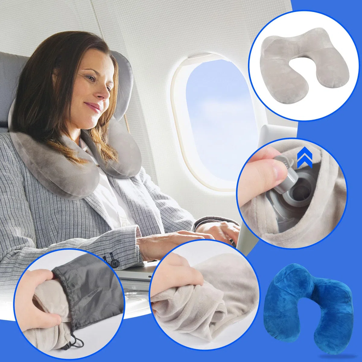Oreiller Gonflable de Voyage,2 Sets Coussin Voyage Ergonomique,Compact Coussin de Voyage avec Taie d'oreiller Lavable, avec Masque pour Dormir+ Bouchons d’Oreilles + Sac Transport,pour Avion et Train