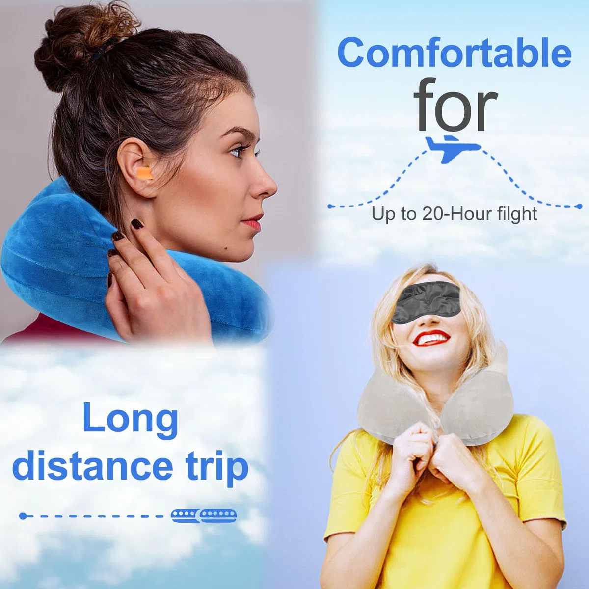 Oreiller Gonflable de Voyage,2 Sets Coussin Voyage Ergonomique,Compact Coussin de Voyage avec Taie d'oreiller Lavable, avec Masque pour Dormir+ Bouchons d’Oreilles + Sac Transport,pour Avion et Train