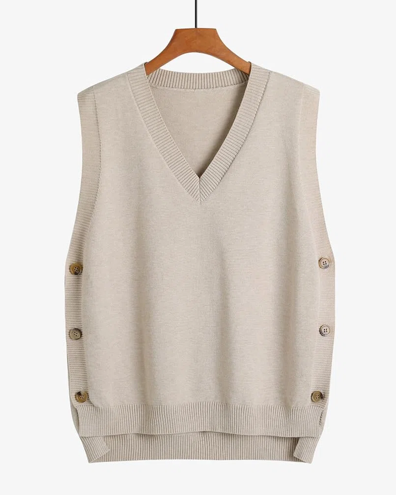 Minetom Pull sans Manche Femme Gilet en Tricot Automne Hiver Débardeurs Chandail Bureau Pullover Couleur Unie Boutons Tops Hauts