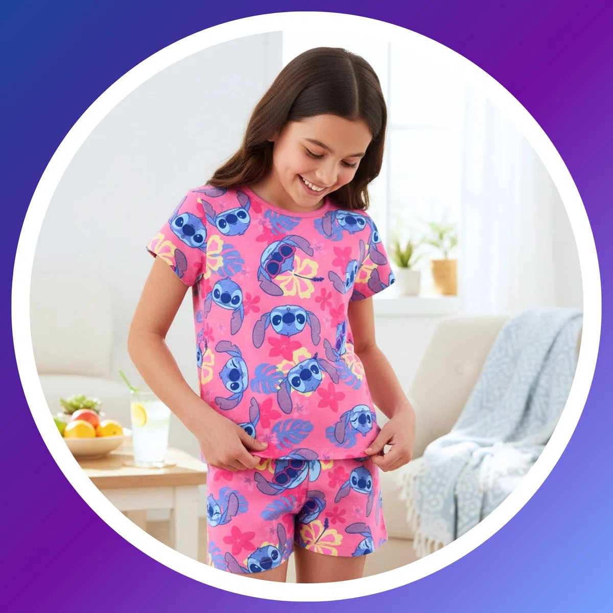 Disney Stitch Ensemble 2 Pièces pour Fille, Pyjama T-Shirt et Short à Imprimé Tropical, Tailles 3 à 8 Ans