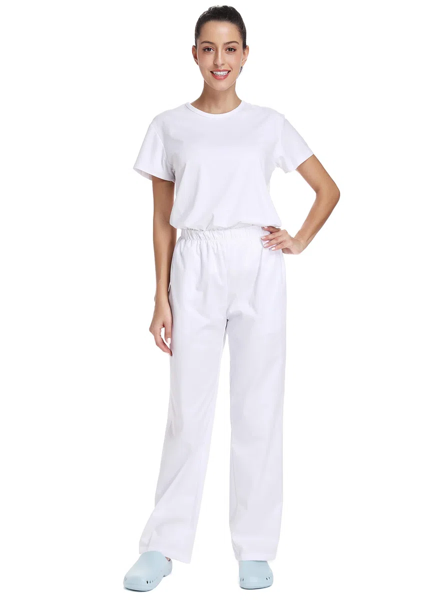 Femme Pantalon de Travail Blanc Pur Pantalons Taille Elastique pour Coton Opaque