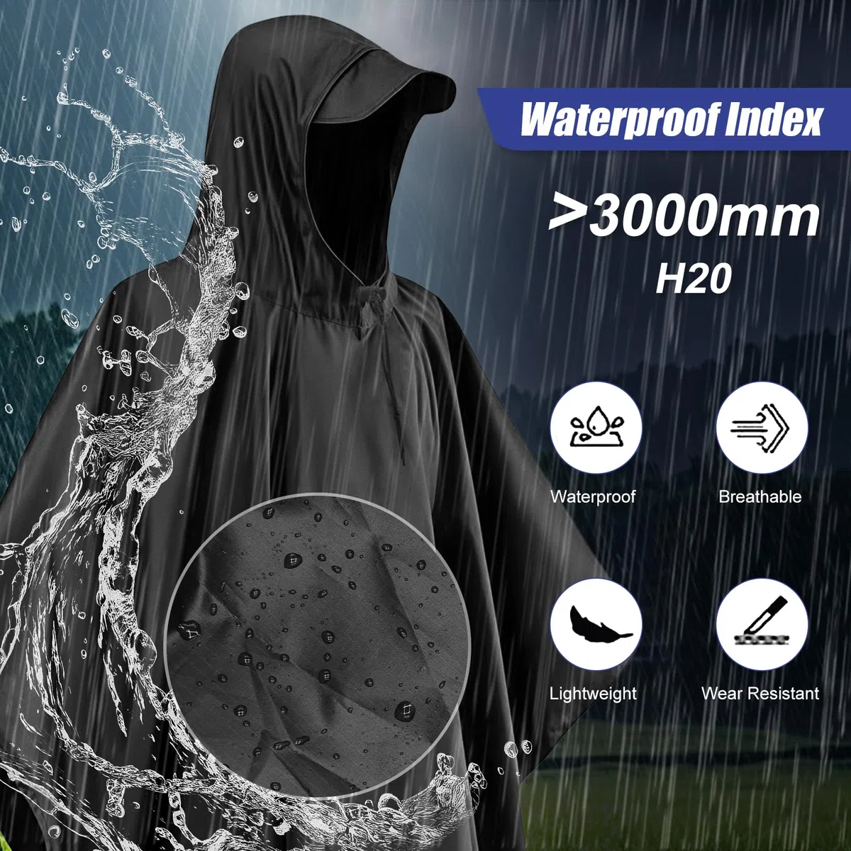 Cape de Pluie Femme, Poncho léger, réutilisable et Respirant avec Capuche, Cape de Pluie Multifonctionnelle 3 en 1 pour le Camping, la randonnée, le cyclisme et la pêche, unisexe （Noir）